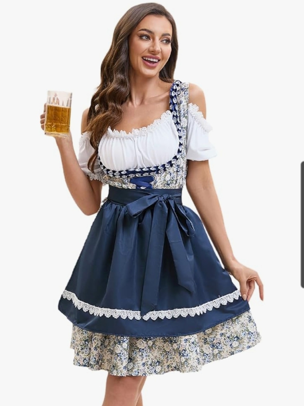 Navy Blue Dirndl-Style Oktoberfest Dress with White Blouse -large